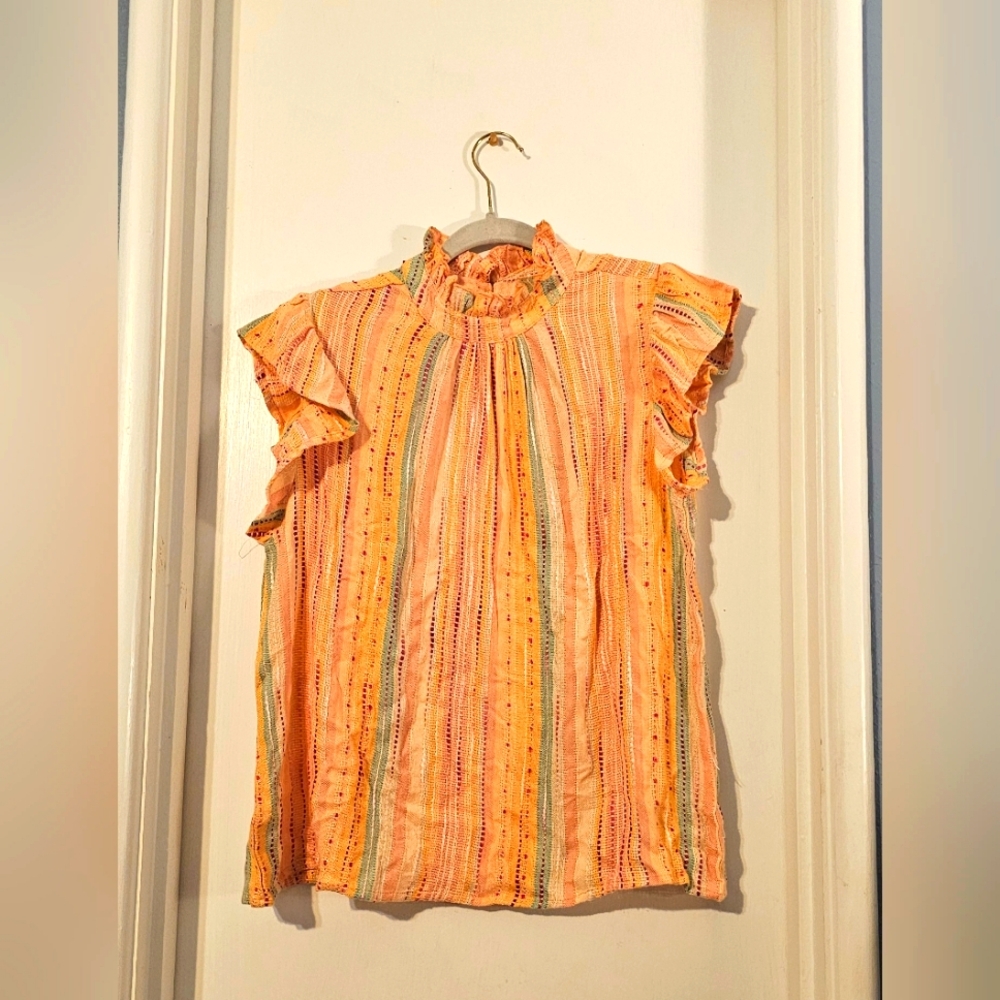 Women's Ruffle Sleeve Striped Blouse - Peach/Multi